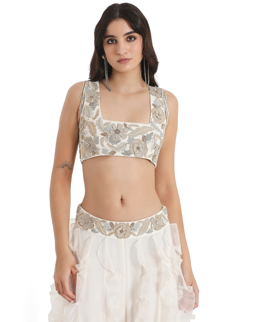 Off-White Embroidered Back Tie-Up Choli And Ruffled Sharara With Dupatta