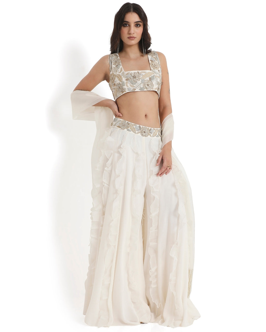 Off-White Embroidered Back Tie-Up Choli And Ruffled Sharara With Dupatta