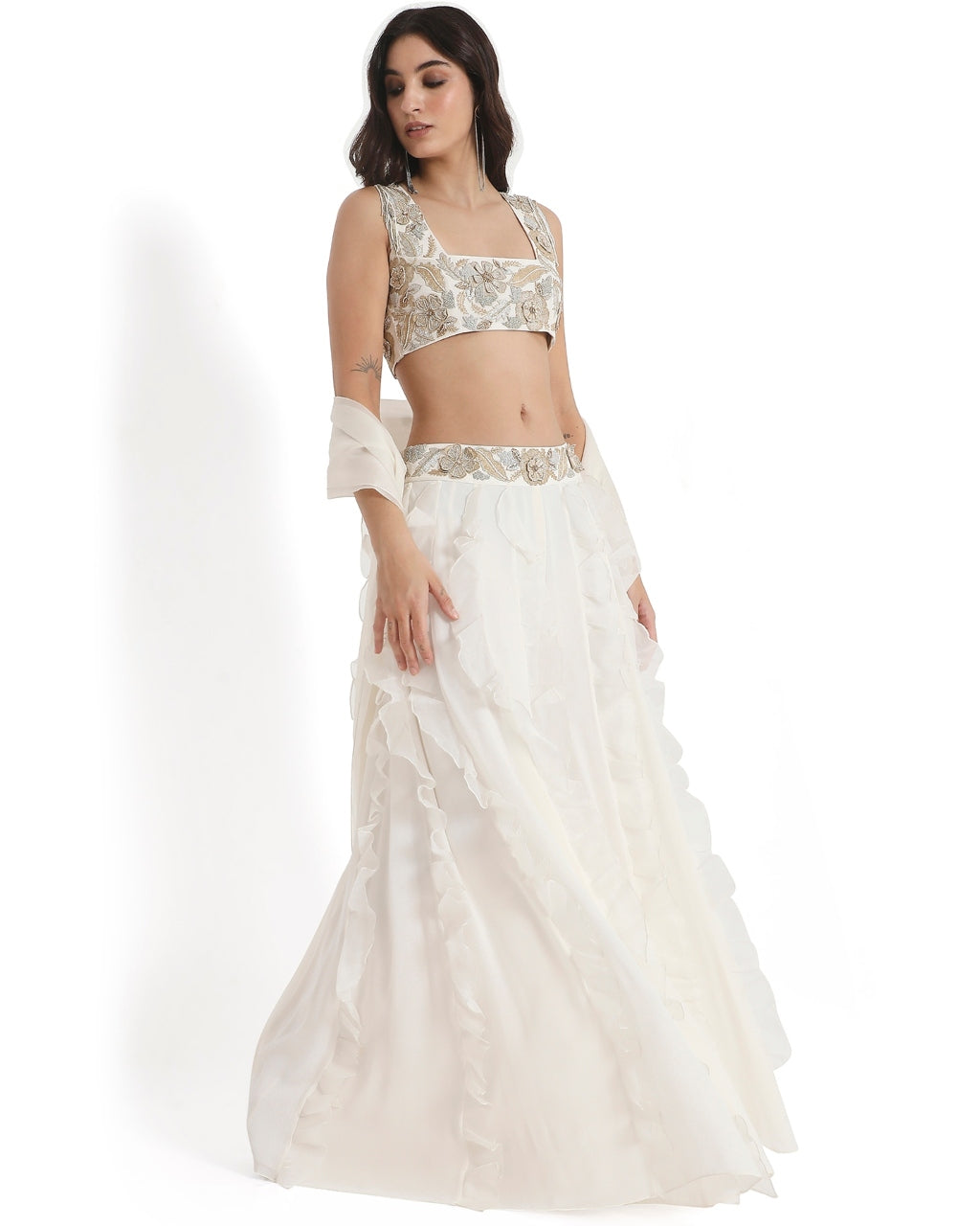 Off-White Embroidered Back Tie-Up Choli And Ruffled Sharara With Dupatta