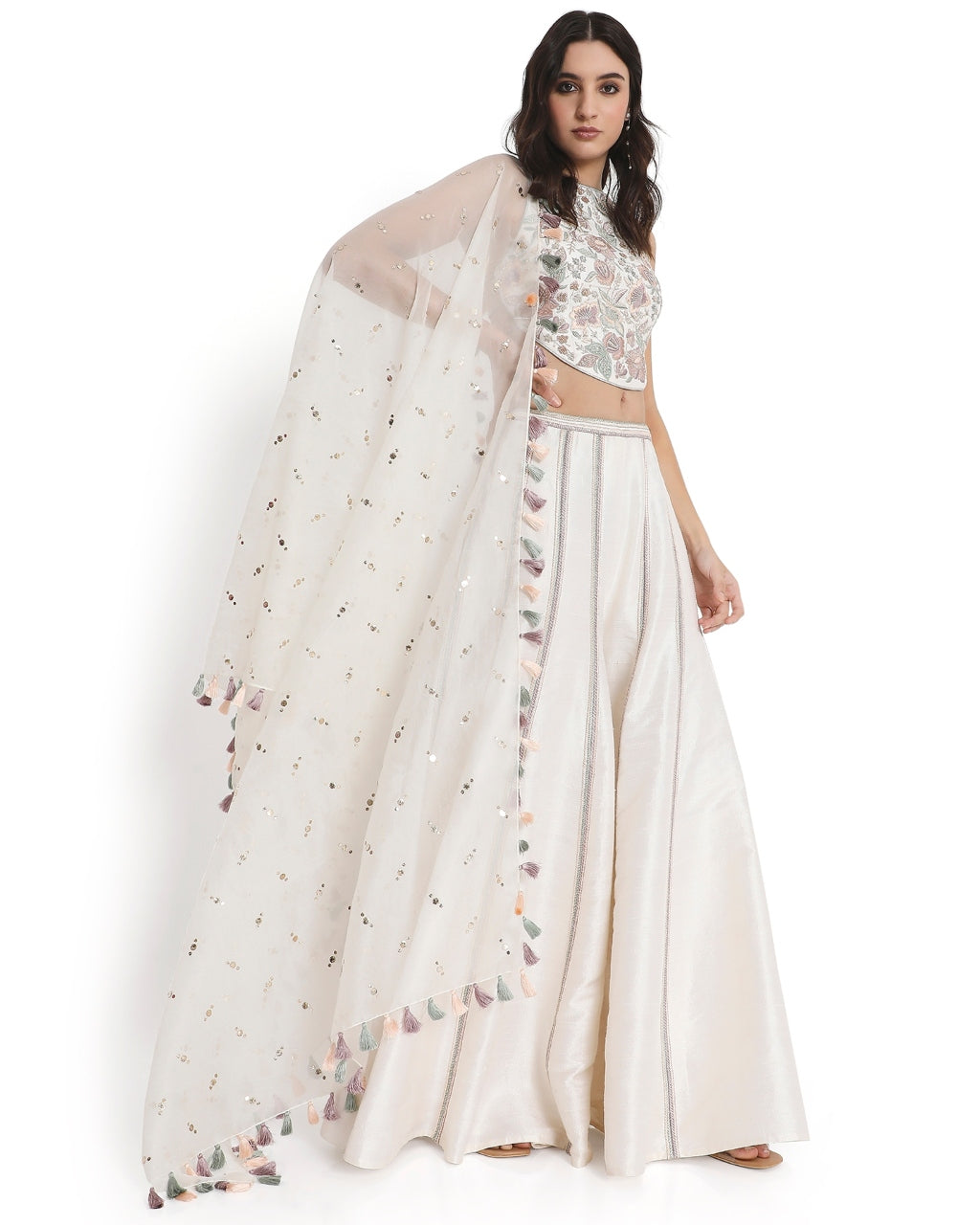 Ivory Embroidered Dupion Silk Choli With Embroidered Sharara