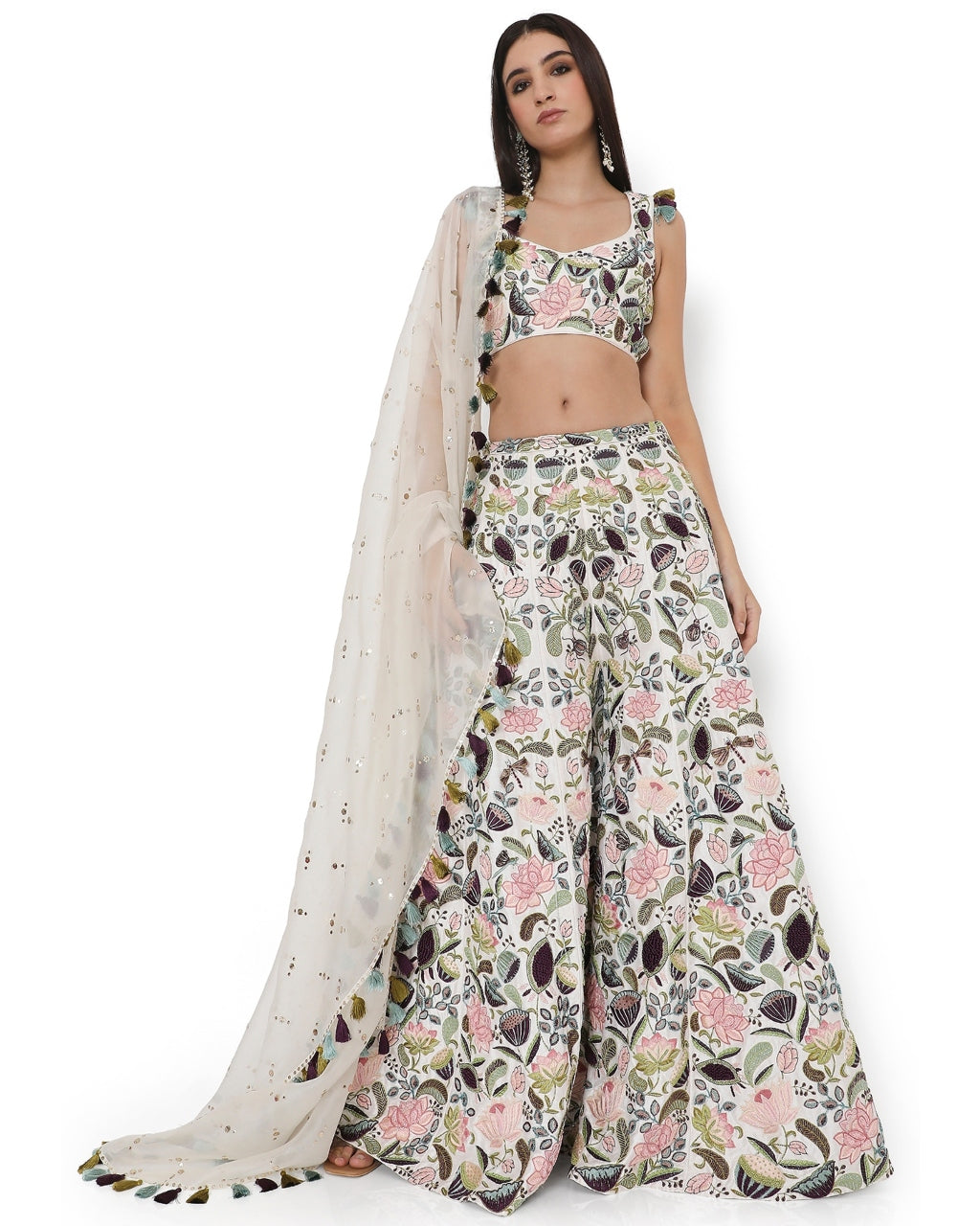 Ivory Lotus Embroidered Choli With Embroidered Sharara With Dupatta