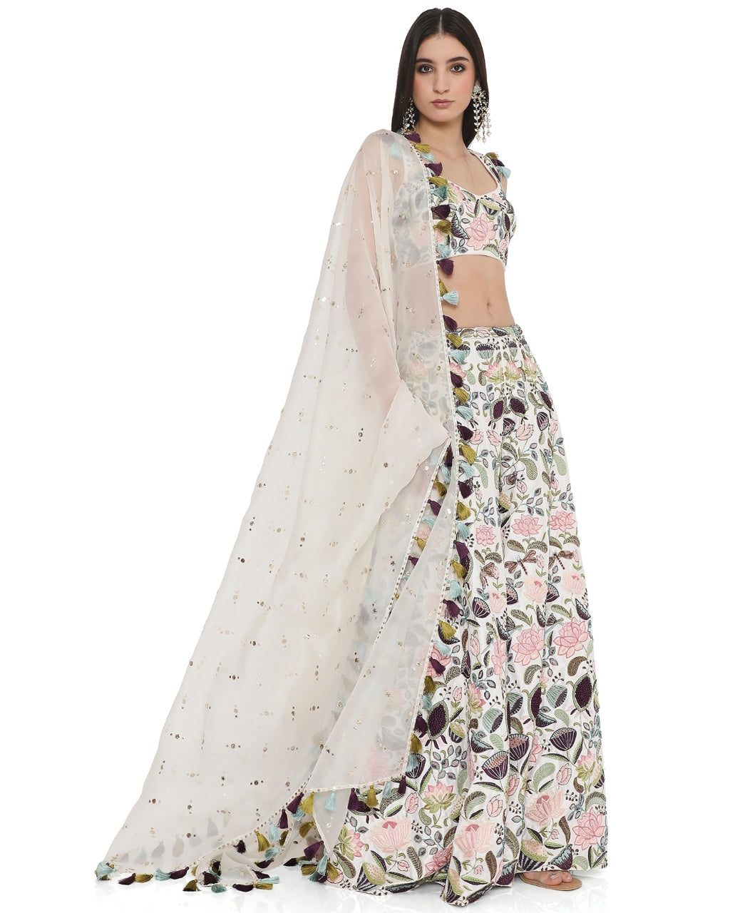 Ivory Lotus Embroidered Choli With Embroidered Sharara With Dupatta