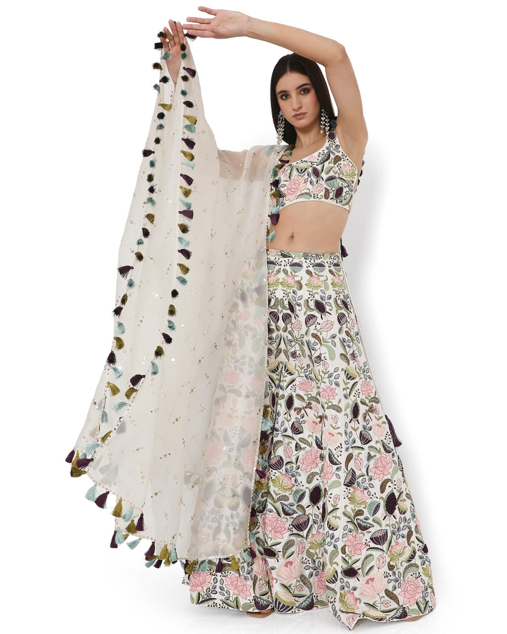 Ivory Lotus Embroidered Choli With Embroidered Sharara With Dupatta