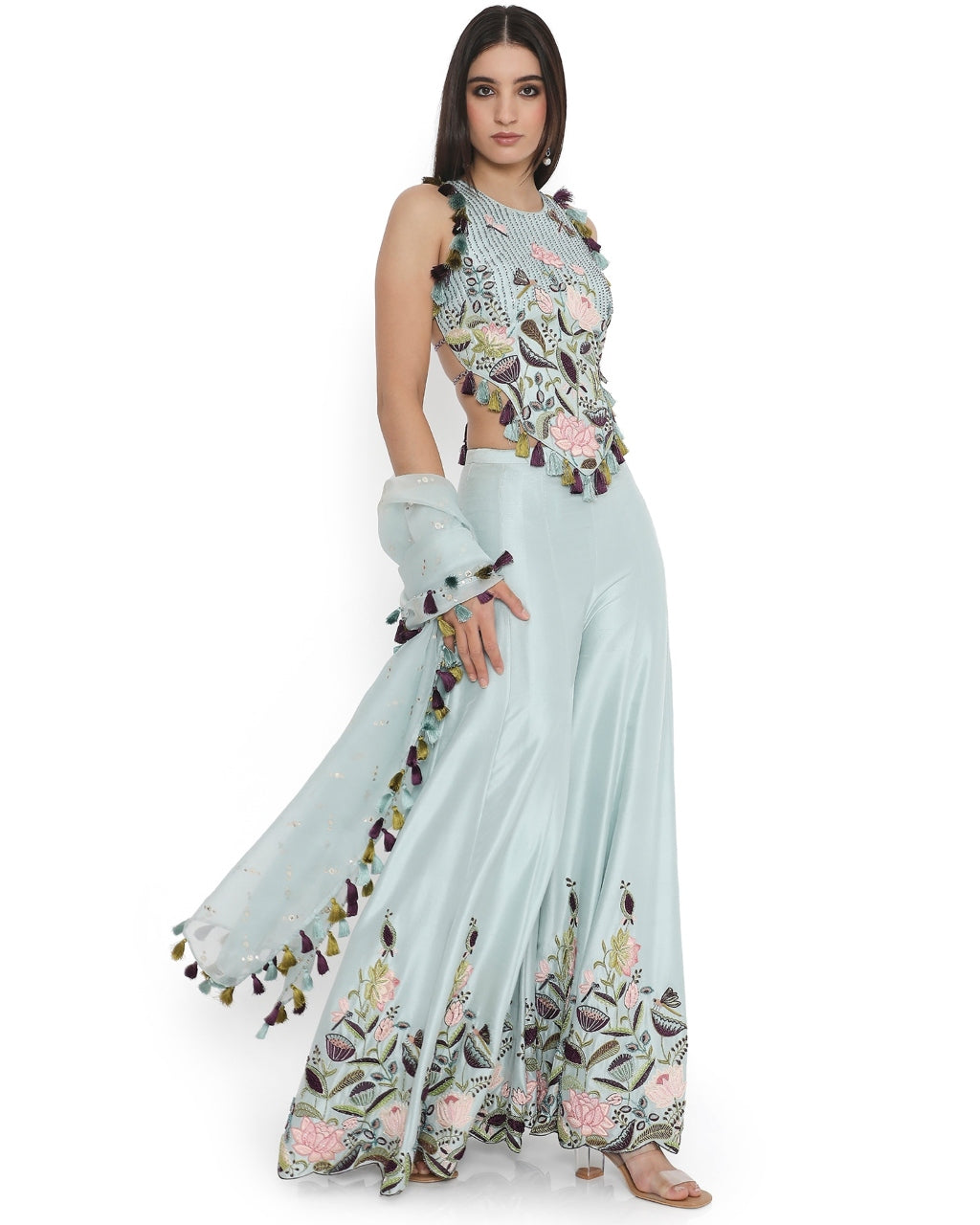 Powder Blue Embroidered Choli And Sharara With Dupatta