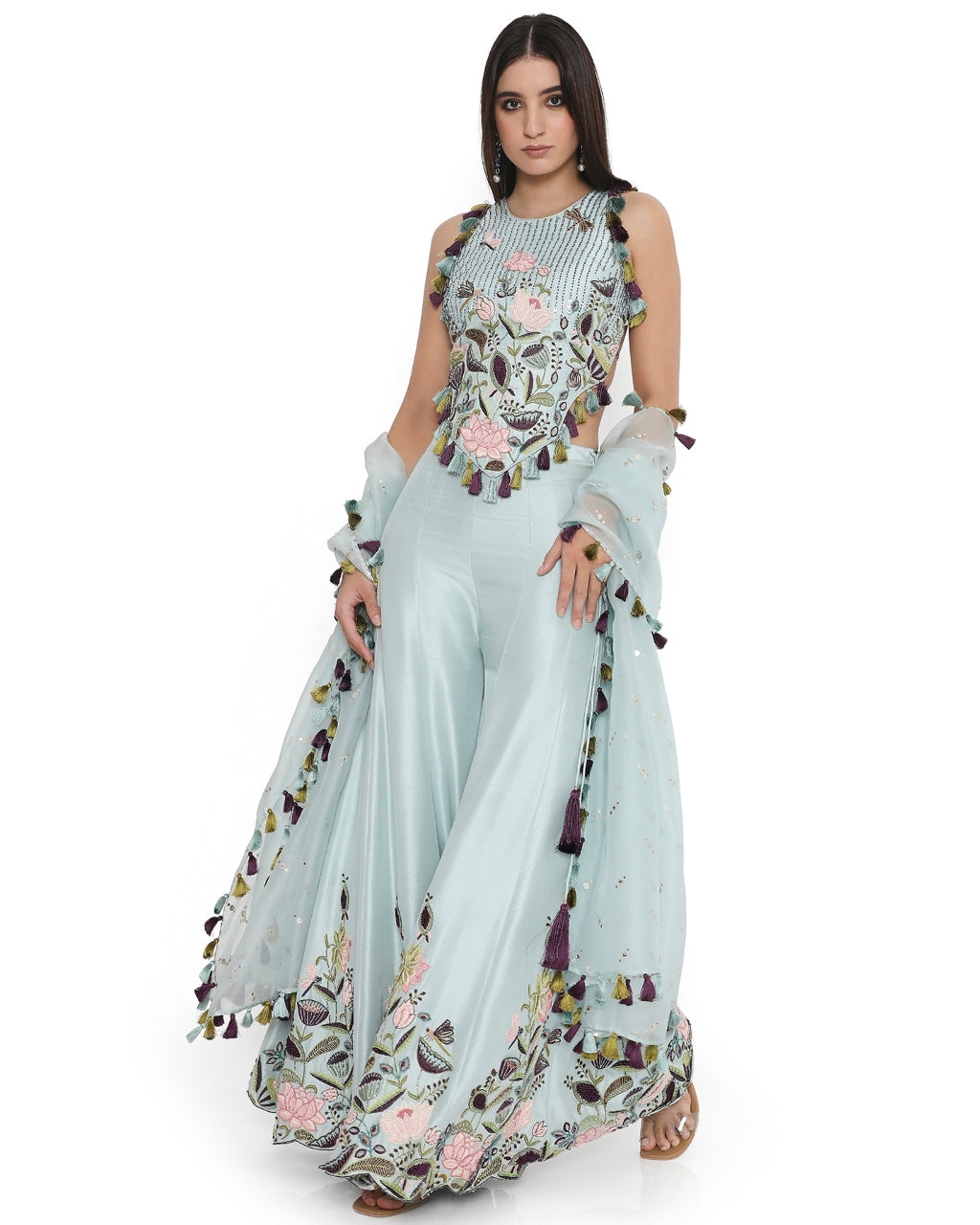 Powder Blue Embroidered Choli And Sharara With Dupatta