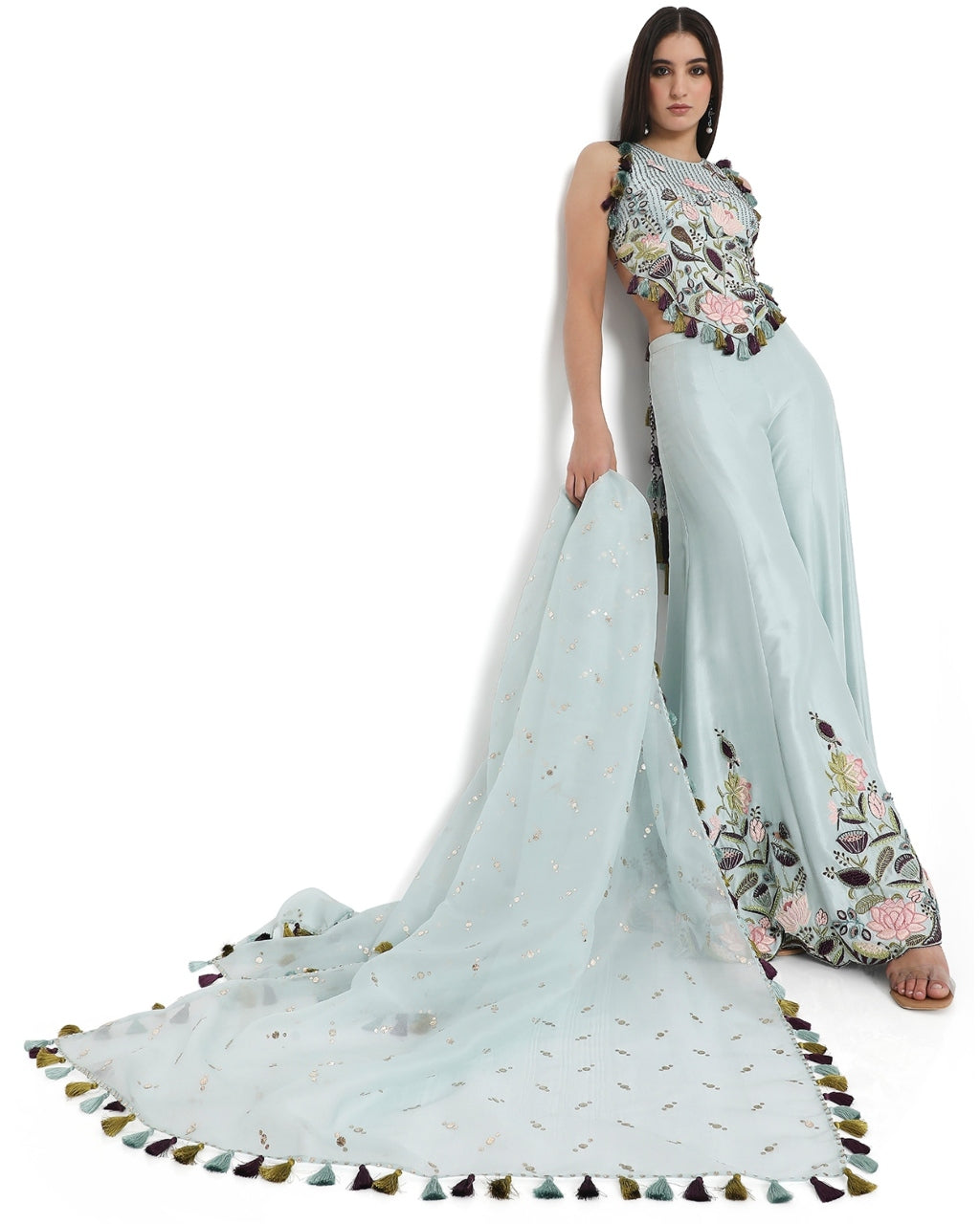 Powder Blue Embroidered Choli And Sharara With Dupatta