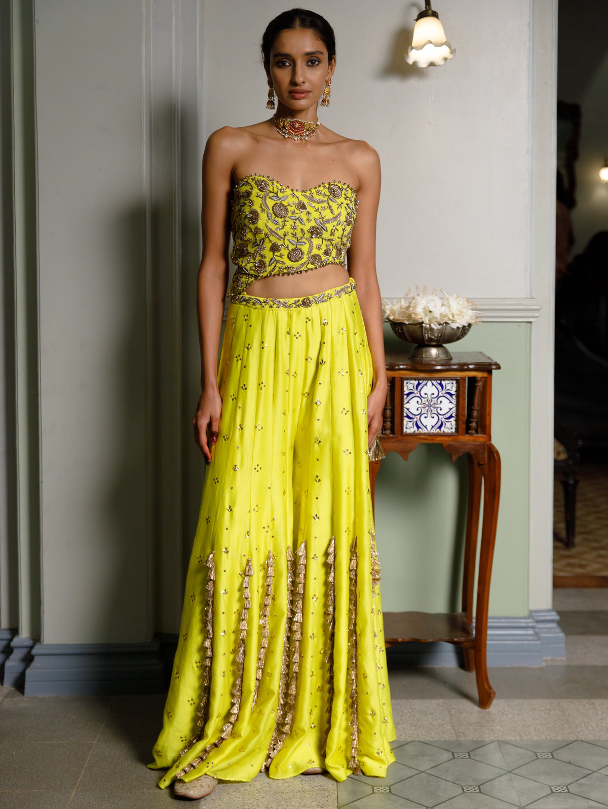 Nissa Lime Yellow Embroidered Choli With Sharara Set