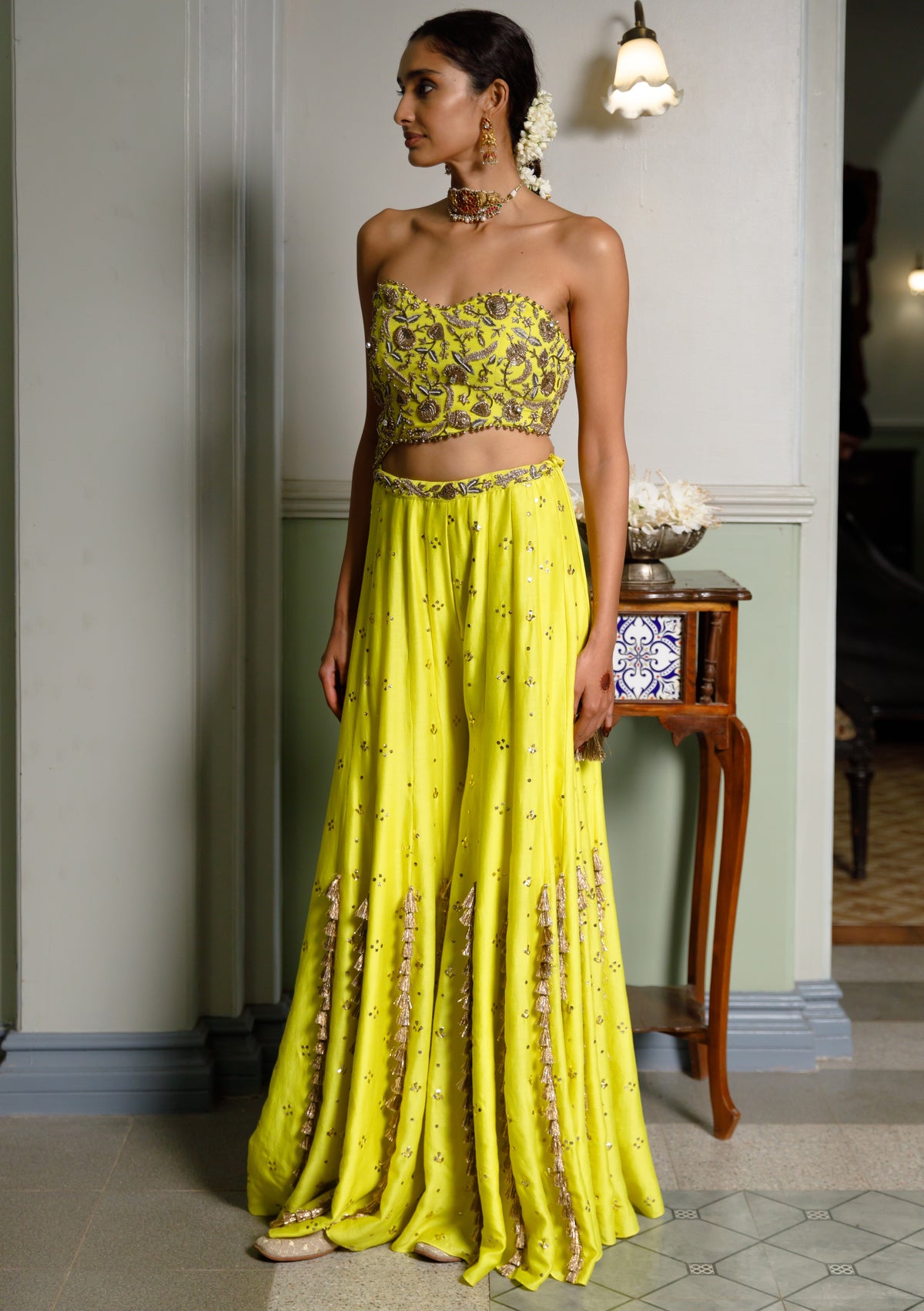 Nissa Lime Yellow Embroidered Choli With Sharara Set