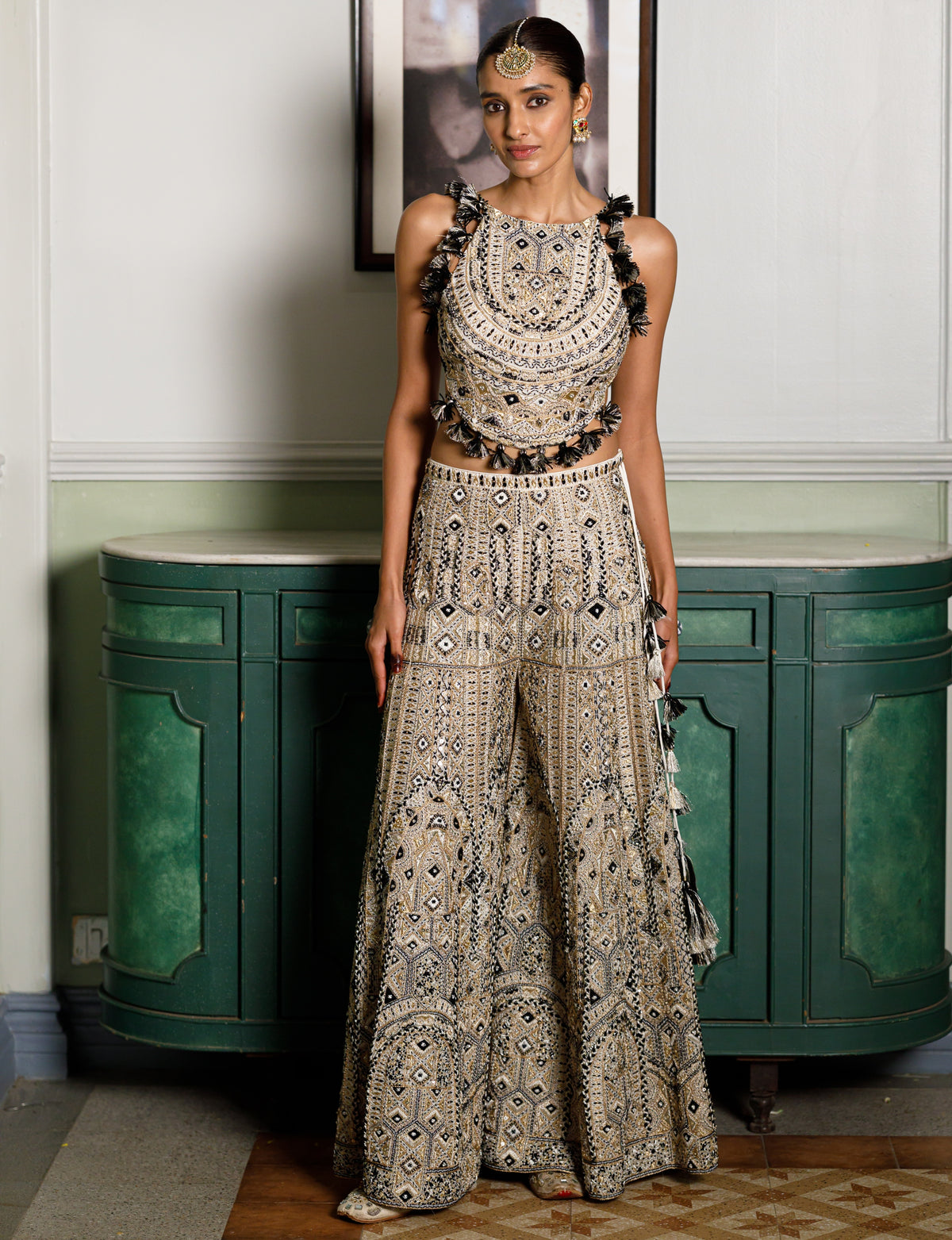 Off White Embroidered Back Tie-Up Choli And Sharara Set