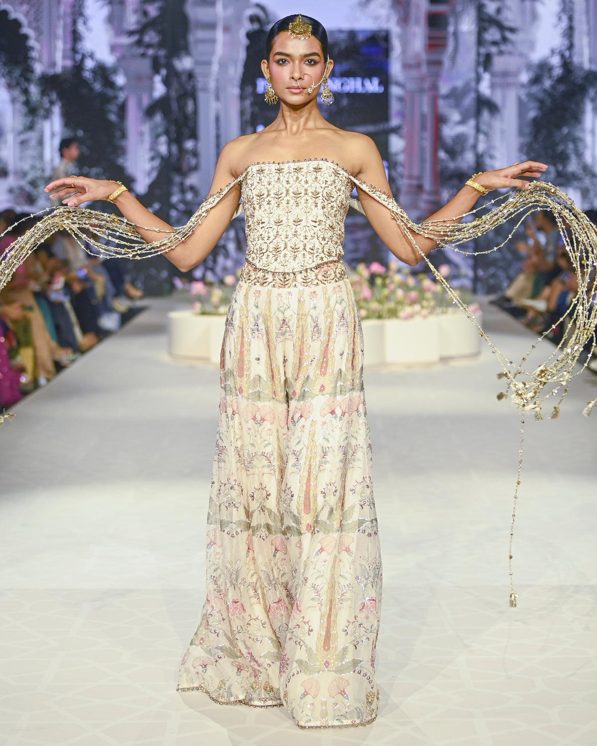 Anam Off White Corset Embroidered Choli With Ochre Forest Whisper Print Sharara Set