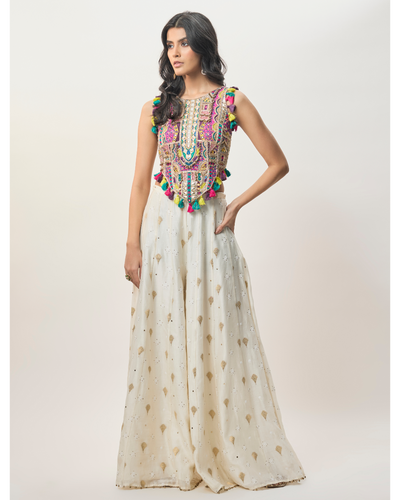 Fez Off-White Georgette Embroidered Choli And Banarasi Silkmul Sharara