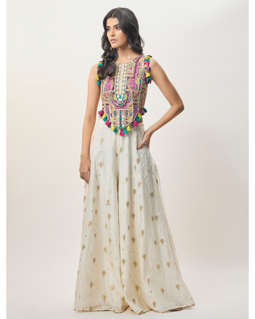 Fez Off-White Georgette Embroidered Choli And Banarasi Silkmul Sharara