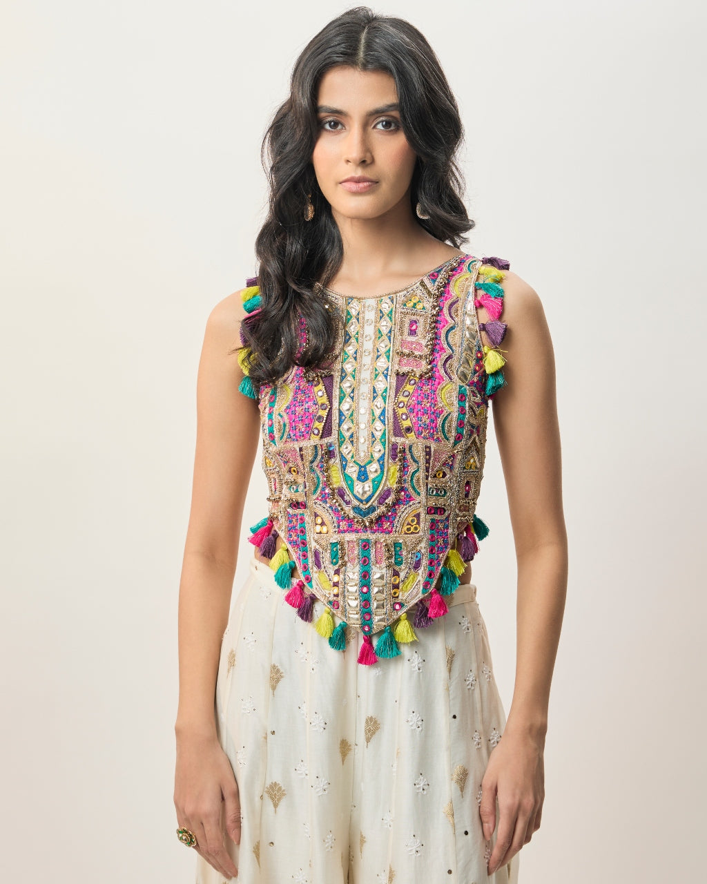 Fez Off-White Georgette Embroidered Choli And Banarasi Silkmul Sharara
