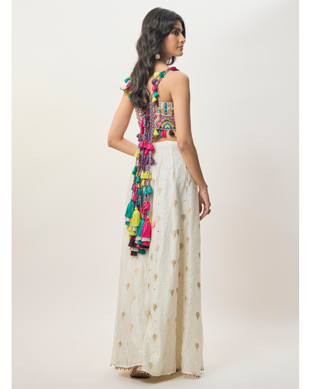 Fez Off-White Georgette Embroidered Choli And Banarasi Silkmul Sharara