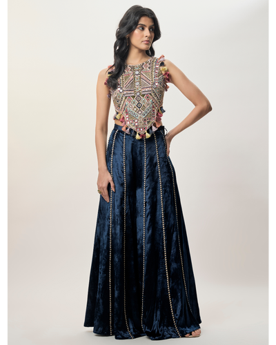 Yasmin Navy Blue Georgette Half Back Covered Embroidered Choli And Velvet Sharara