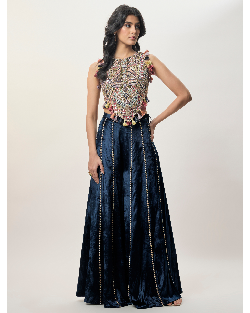 Yasmin Navy Blue Georgette Half Back Covered Embroidered Choli And Velvet Sharara