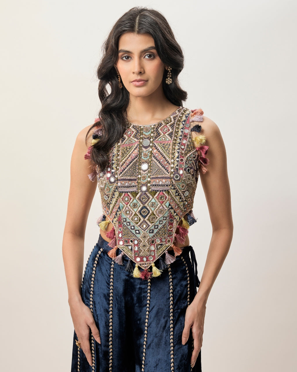 Yasmin Navy Blue Georgette Half Back Covered Embroidered Choli And Velvet Sharara