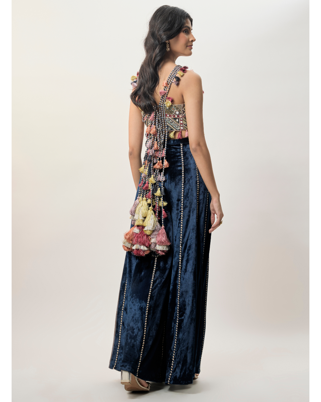 Yasmin Navy Blue Georgette Half Back Covered Embroidered Choli And Velvet Sharara