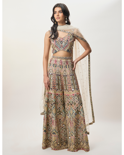Fariha Champagne Georgette Embroidered Choli With Sharara And Mukaish Net Dupatta