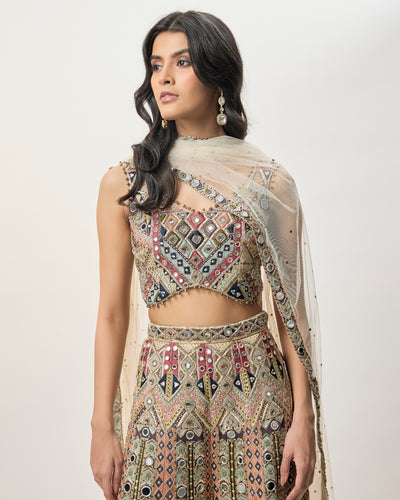 Fariha Champagne Georgette Embroidered Choli With Sharara And Mukaish Net Dupatta