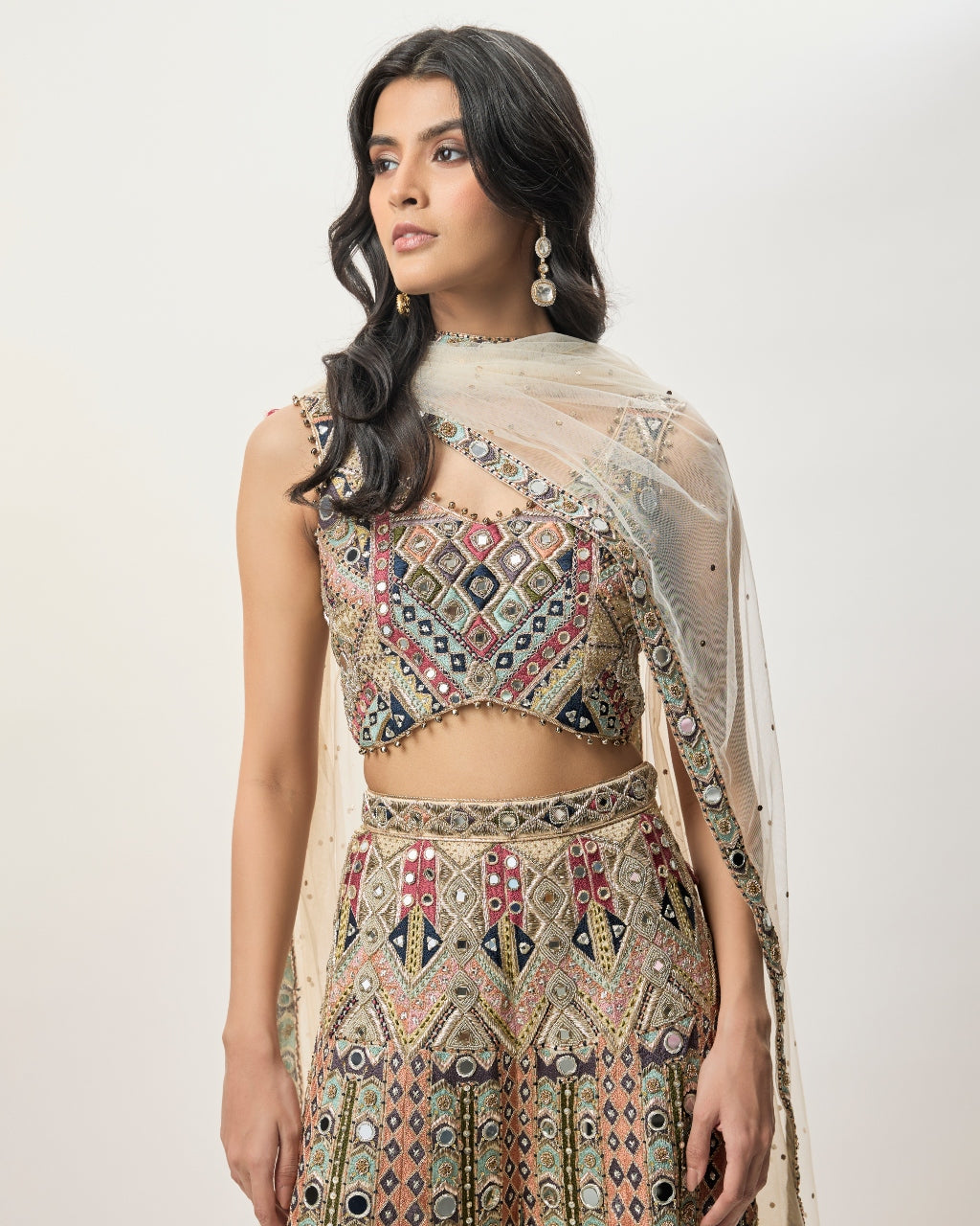 Fariha Champagne Georgette Embroidered Choli With Sharara And Mukaish Net Dupatta