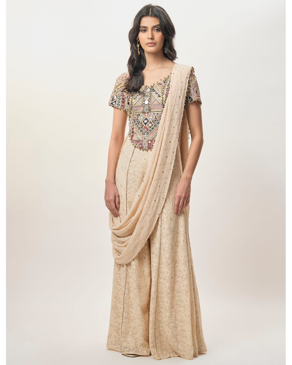 Hooria Stone Georgette Embroidered Choli And Lucknowi Sharara With Attached Pallu