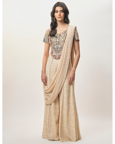 Hooria Stone Georgette Embroidered Choli And Lucknowi Sharara With Attached Pallu