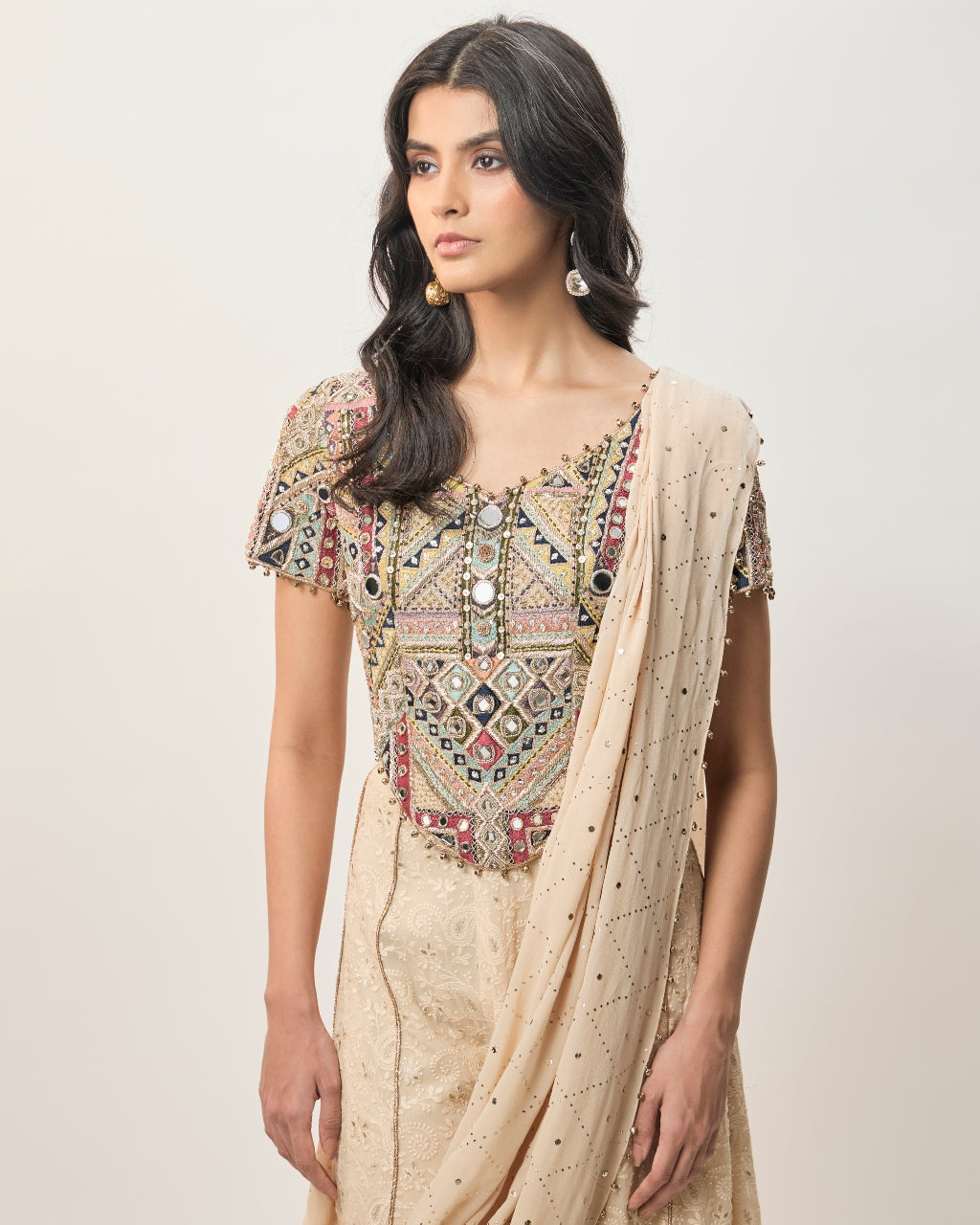 Hooria Stone Georgette Embroidered Choli And Lucknowi Sharara With Attached Pallu