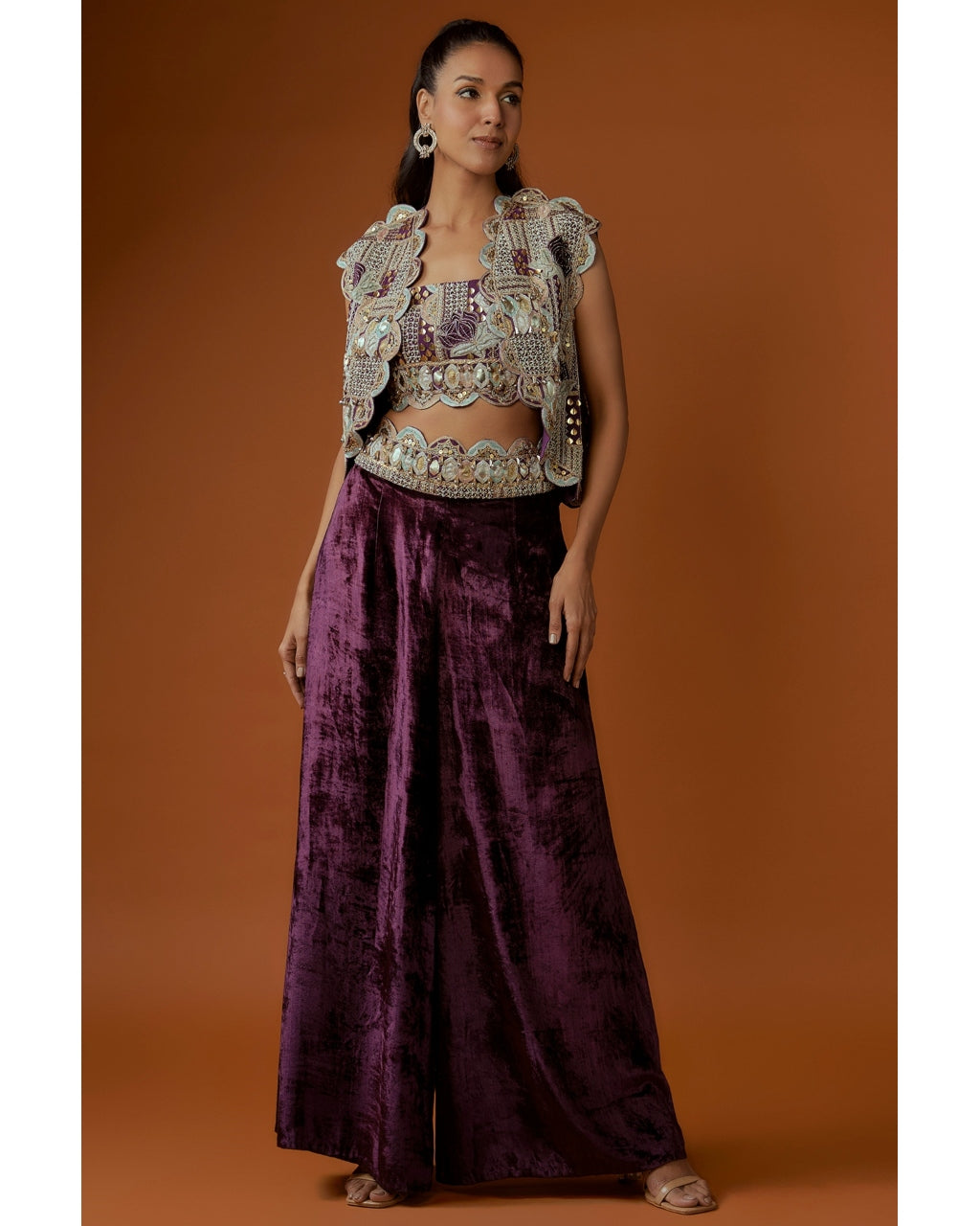 Purple Embroidered Scallop Jacket With Velvet Palazzo Set