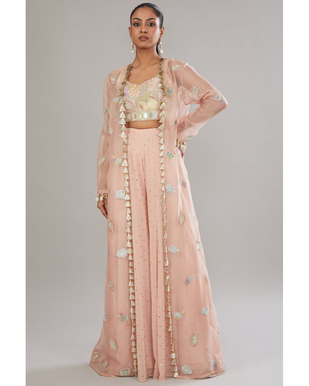 Rose Pink Embroidered Bustier With Embroidered Jacket And Sharara Set