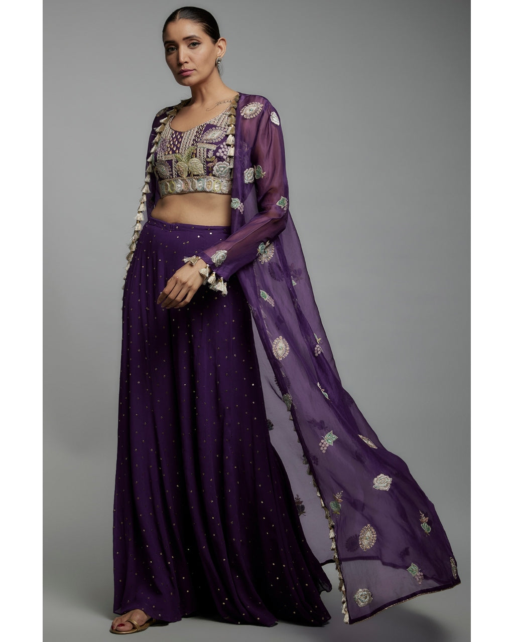 Purple Embroidered Bustier With Embroidered Jacket And Sharara Set