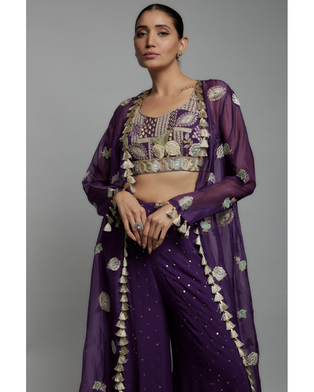 Purple Embroidered Bustier With Embroidered Jacket And Sharara Set