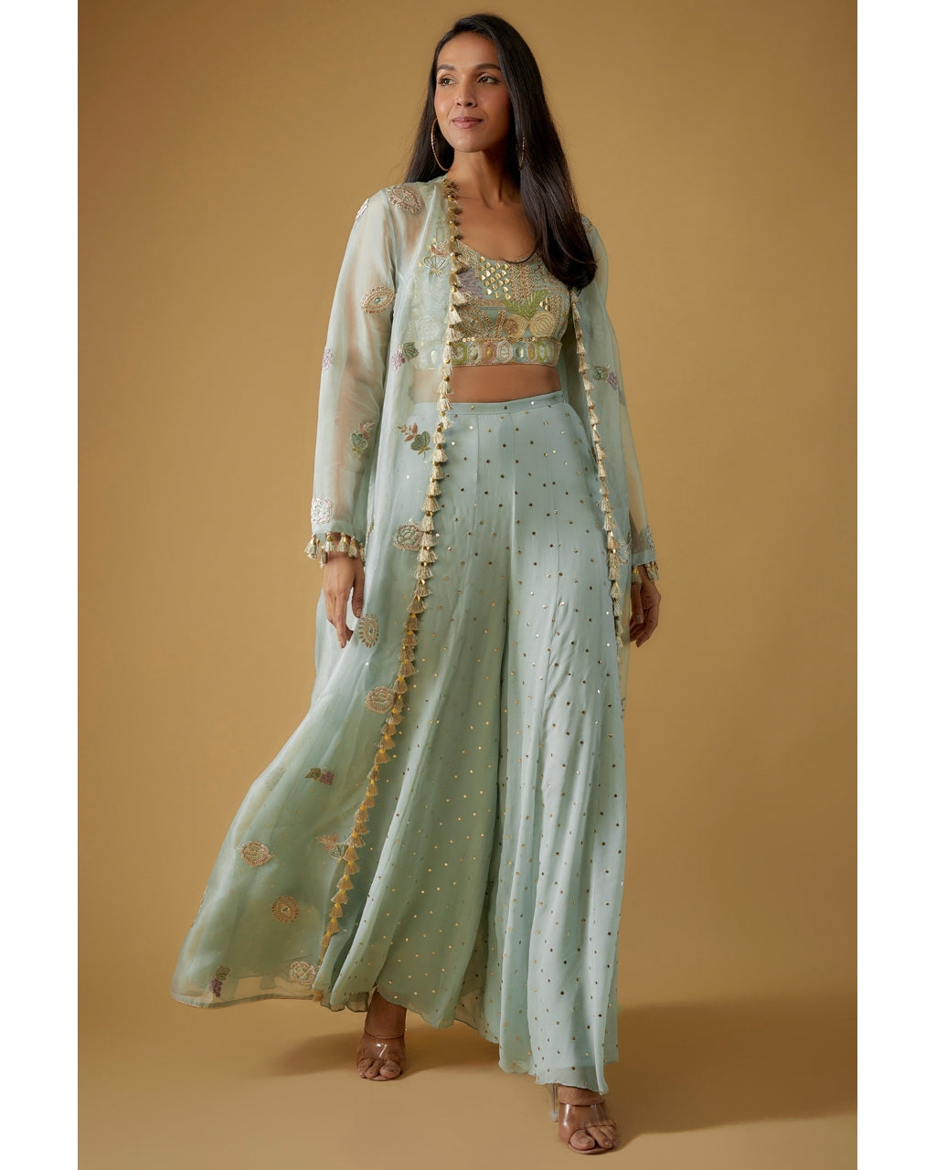 Powder Blue Embroidered Bustier With Embroidered Jacket And Sharara Set