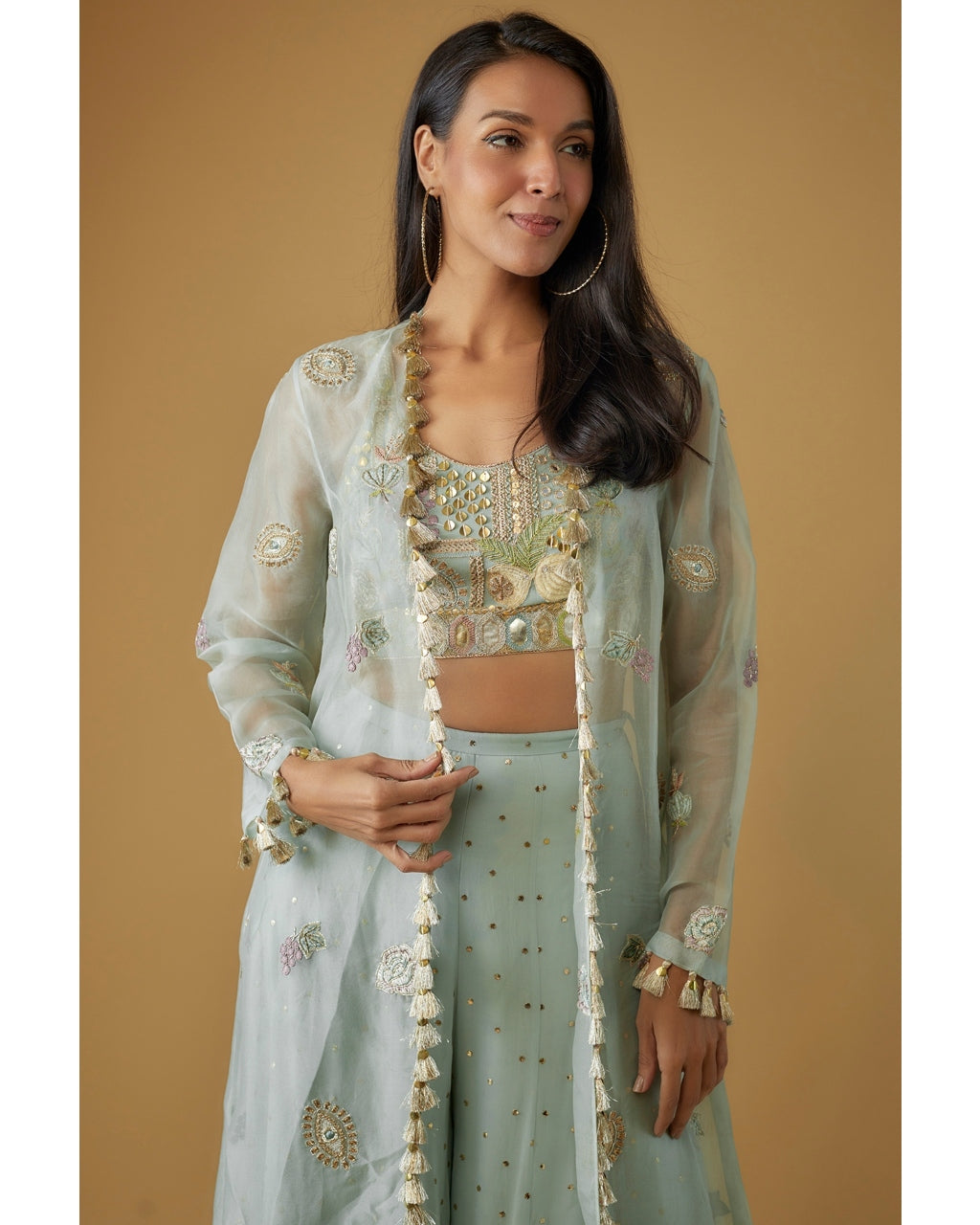 Powder Blue Embroidered Bustier With Embroidered Jacket And Sharara Set