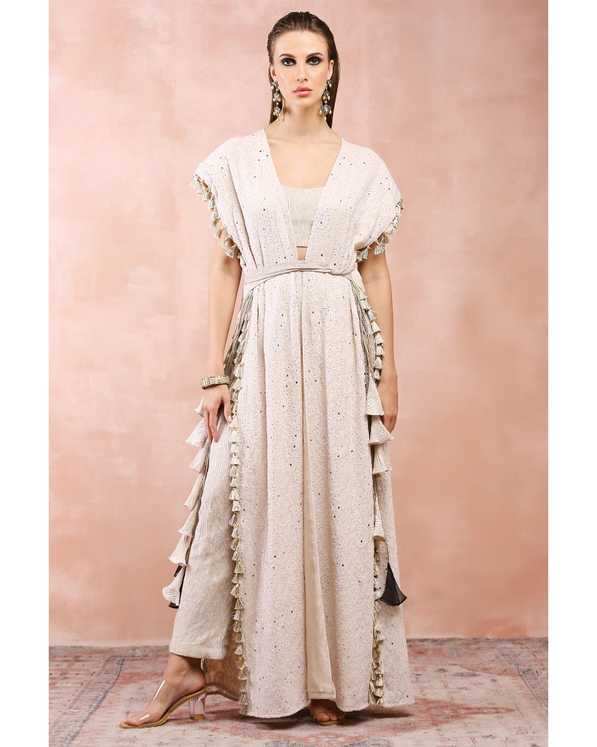 Cream Jacket With Crushed Tissue  Bustier And Pant by Payal Singhal