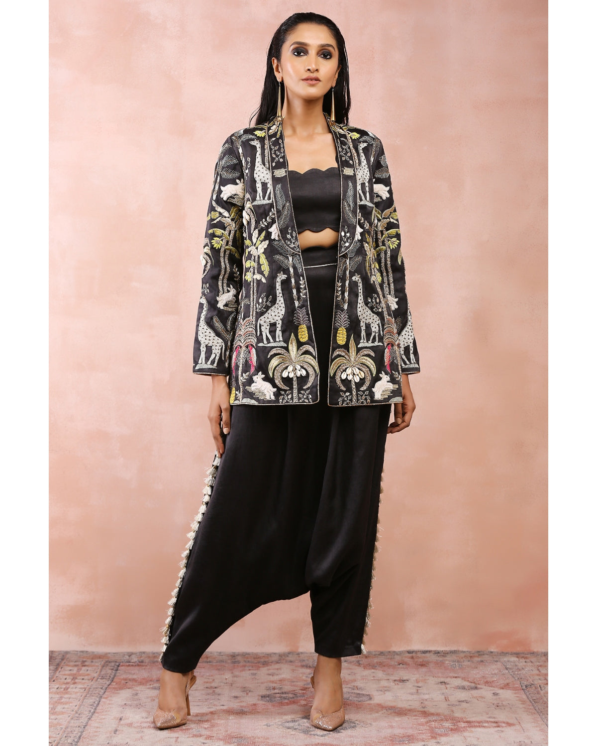 Black Embroidered Jacket And Low Crotch Pant