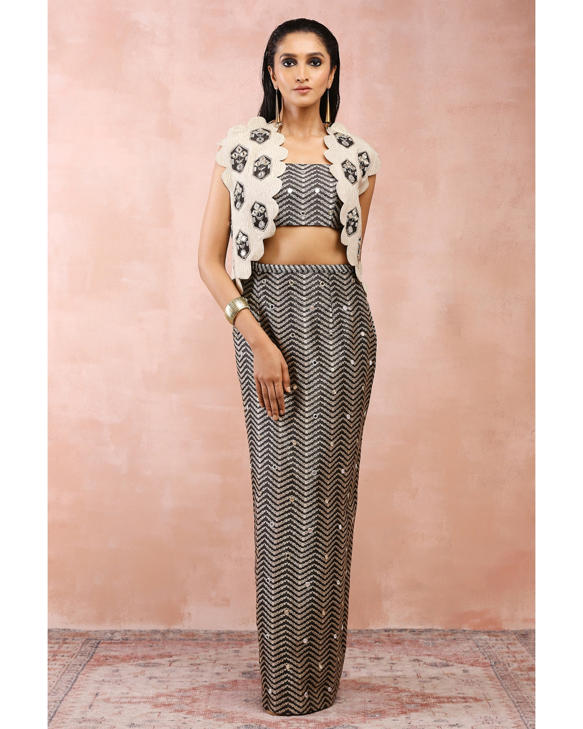 Dull Gold Jacket With Black Brocade Bustier And Skirt by Payal Singhal