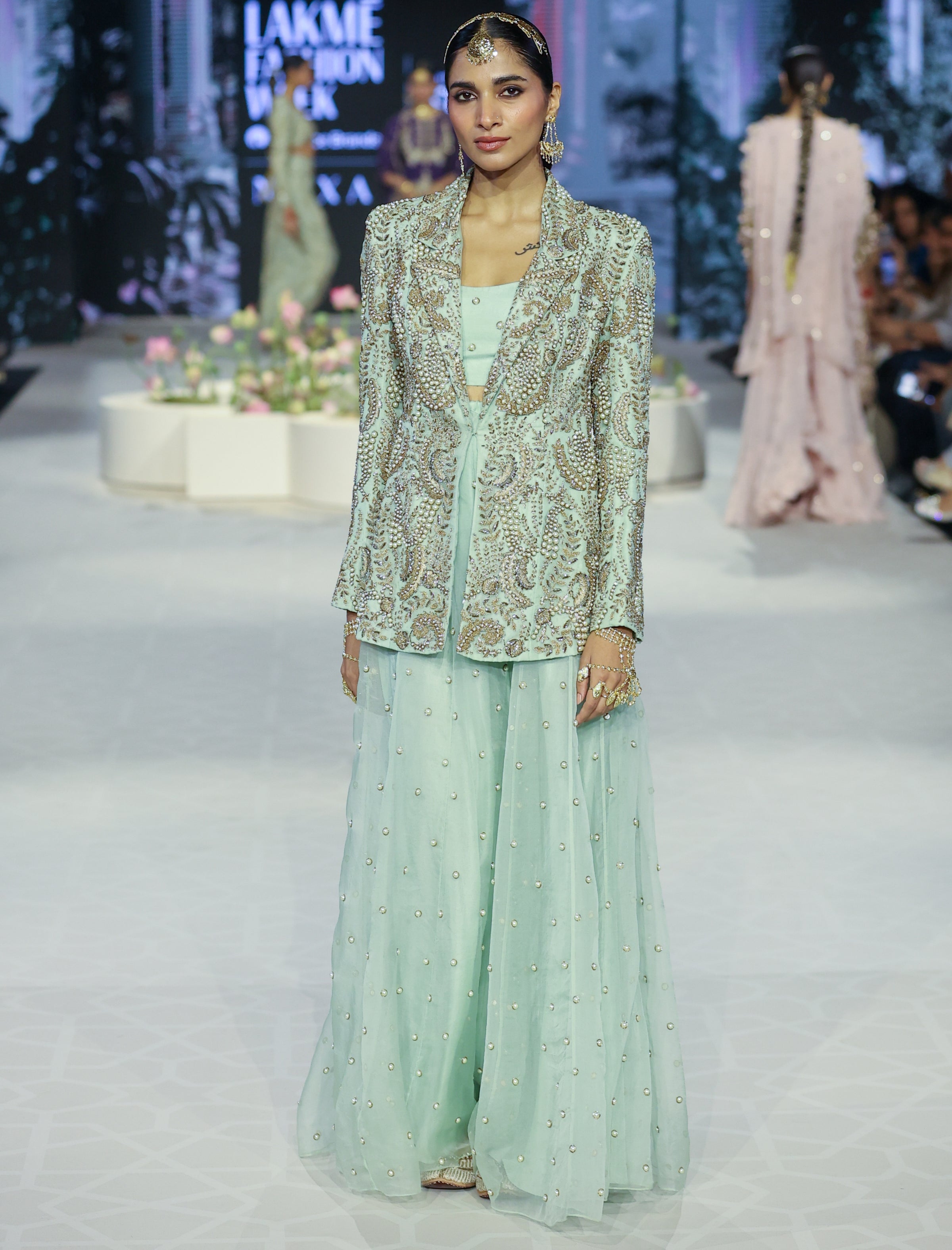 Shazia Mint Embroidered Blazer And Bustier With Sharara Set