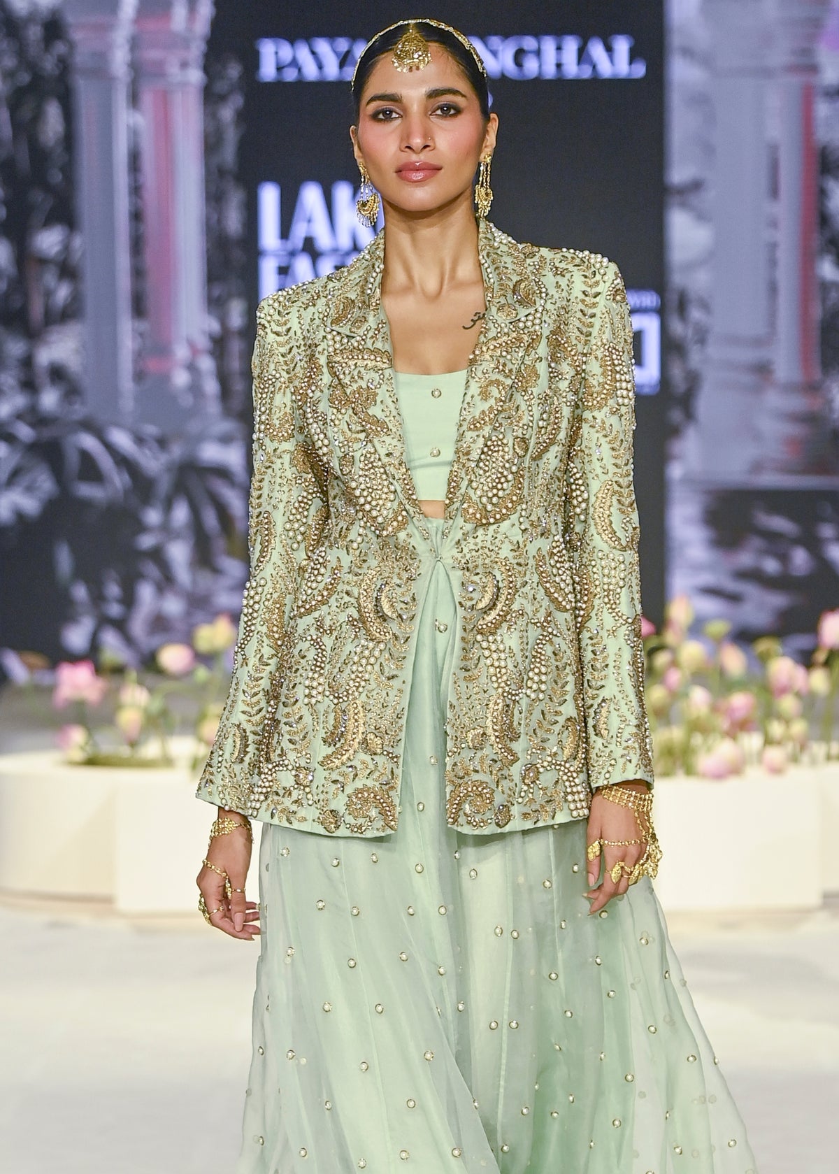 Shazia Mint Embroidered Blazer And Bustier With Sharara Set