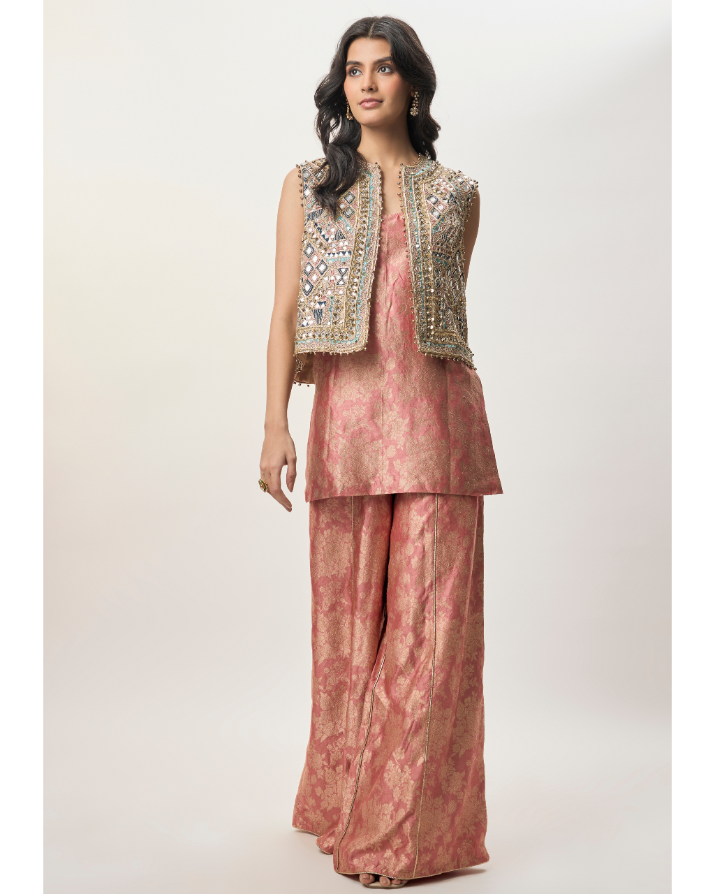 Iza Stone Georgette Embroidered Waist Coat With Rust Pink Banarasi Brocade Kurta And Pant