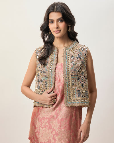 Iza Stone Georgette Embroidered Waist Coat With Rust Pink Banarasi Brocade Kurta And Pant