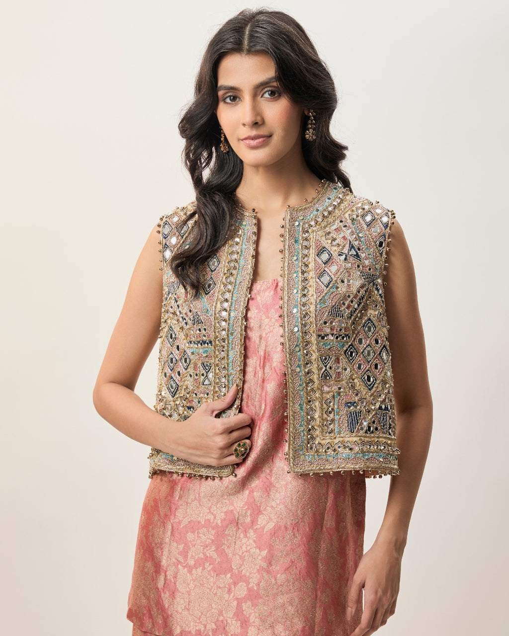 Iza Stone Georgette Embroidered Waist Coat With Rust Pink Banarasi Brocade Kurta And Pant