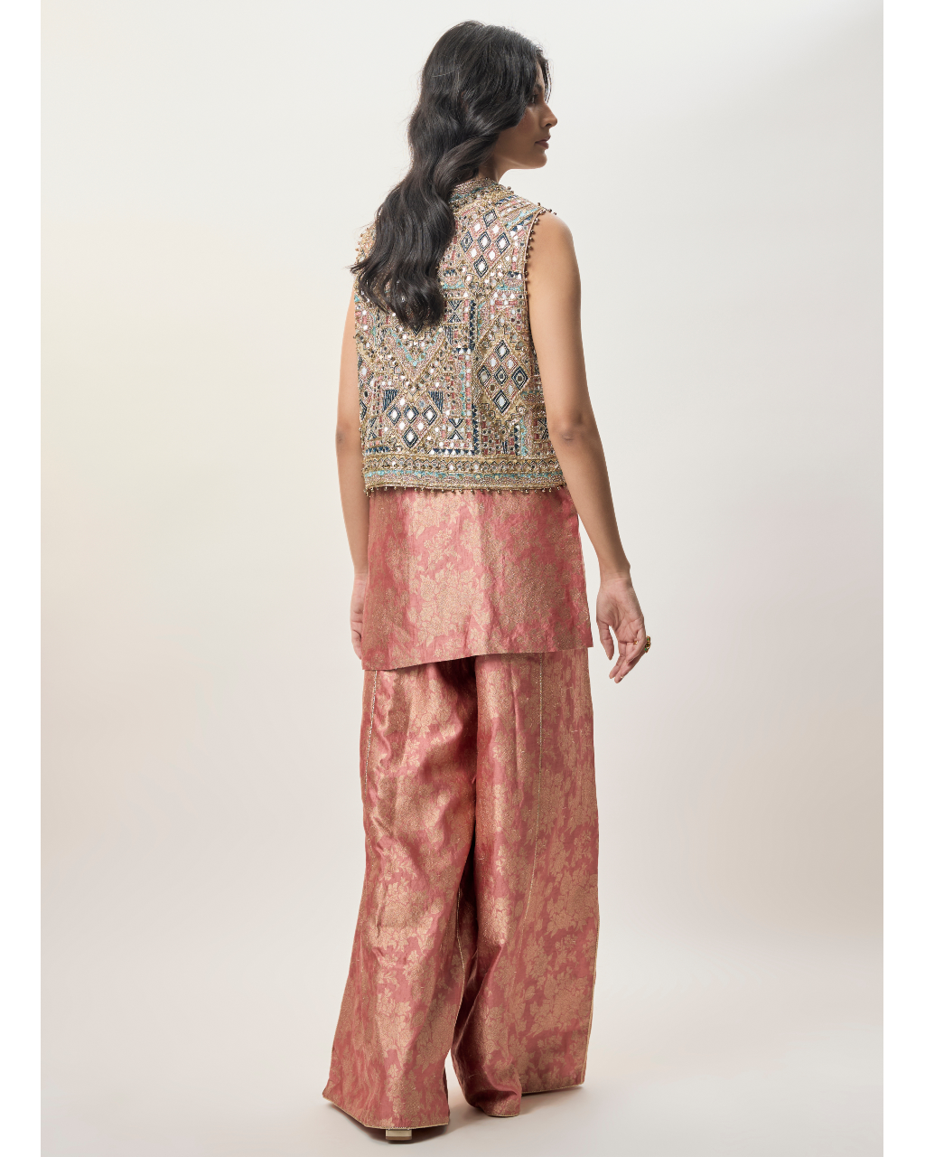 Iza Stone Georgette Embroidered Waist Coat With Rust Pink Banarasi Brocade Kurta And Pant
