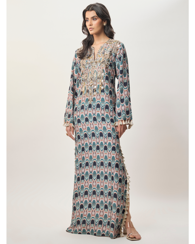 Mahsa Indigo Kasbah Print Abutai Silk Long Beyza Kaftan
