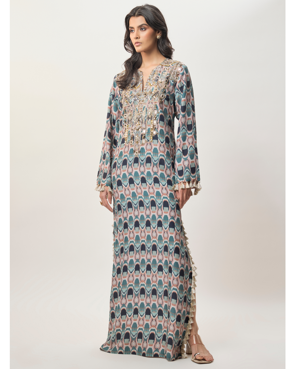 Mahsa Indigo Kasbah Print Abutai Silk Long Beyza Kaftan