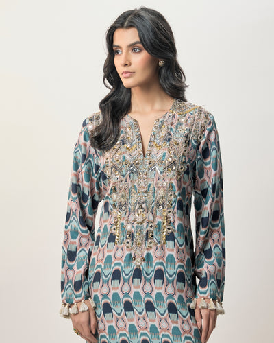Mahsa Indigo Kasbah Print Abutai Silk Long Beyza Kaftan