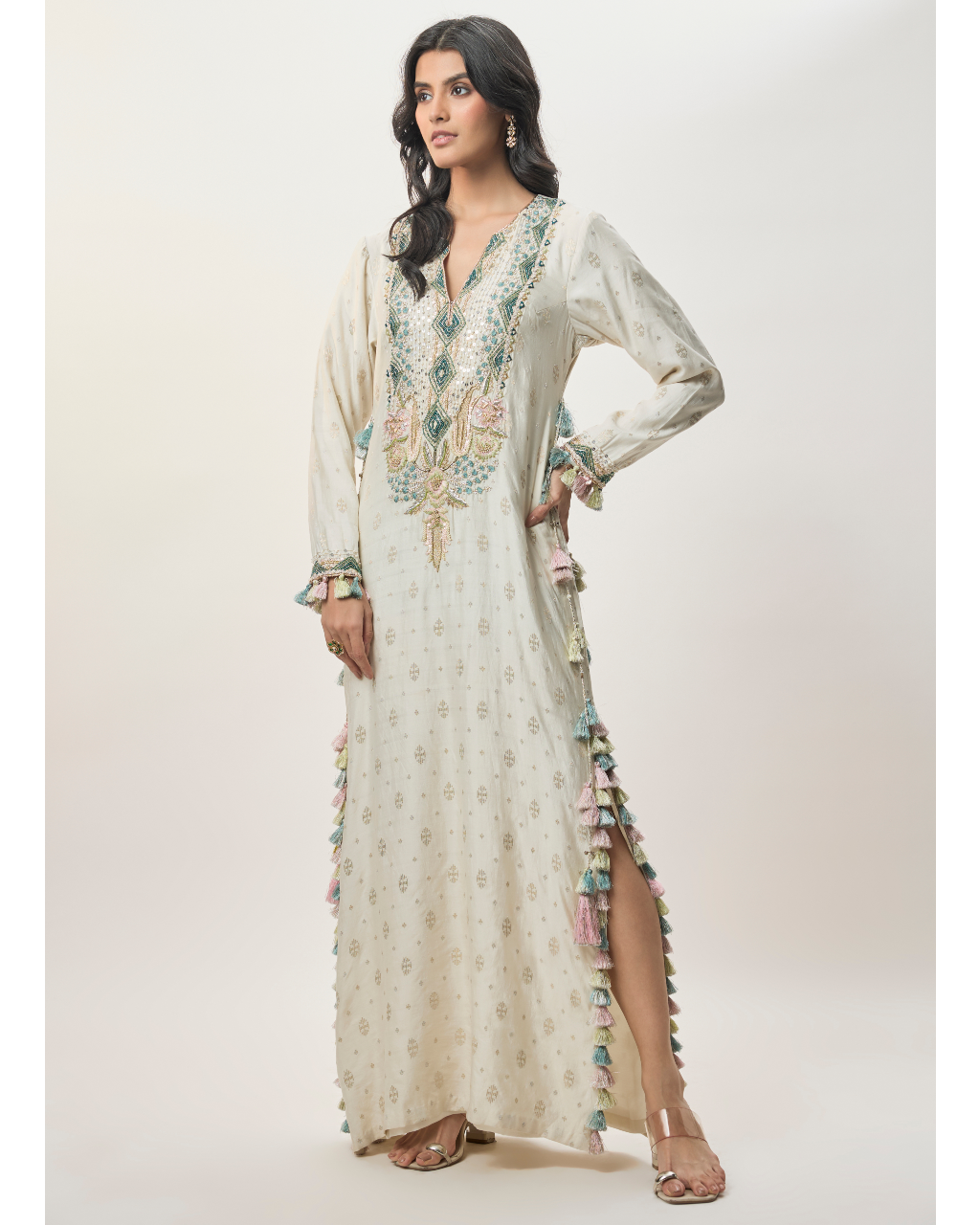 Saira Off-White Chiniya Silk Embroidered Yoke Beyza Kaftan