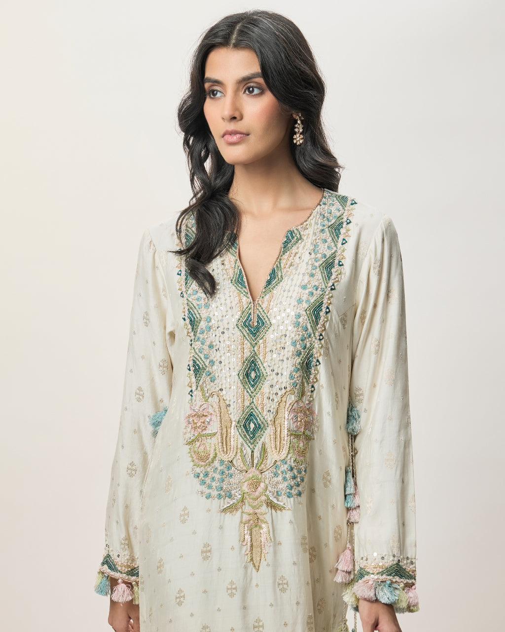 Saira Off-White Chiniya Silk Embroidered Yoke Beyza Kaftan