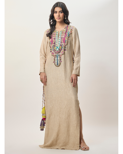 Nouriya Gold Crushed Tissue Embroidered Yoke Beyza Kaftan