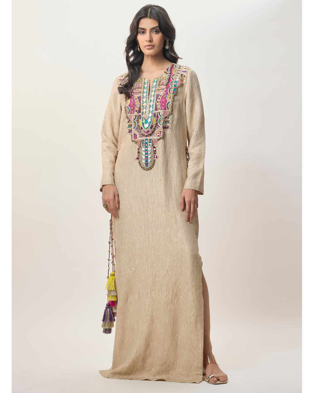 Nouriya Gold Crushed Tissue Embroidered Yoke Beyza Kaftan